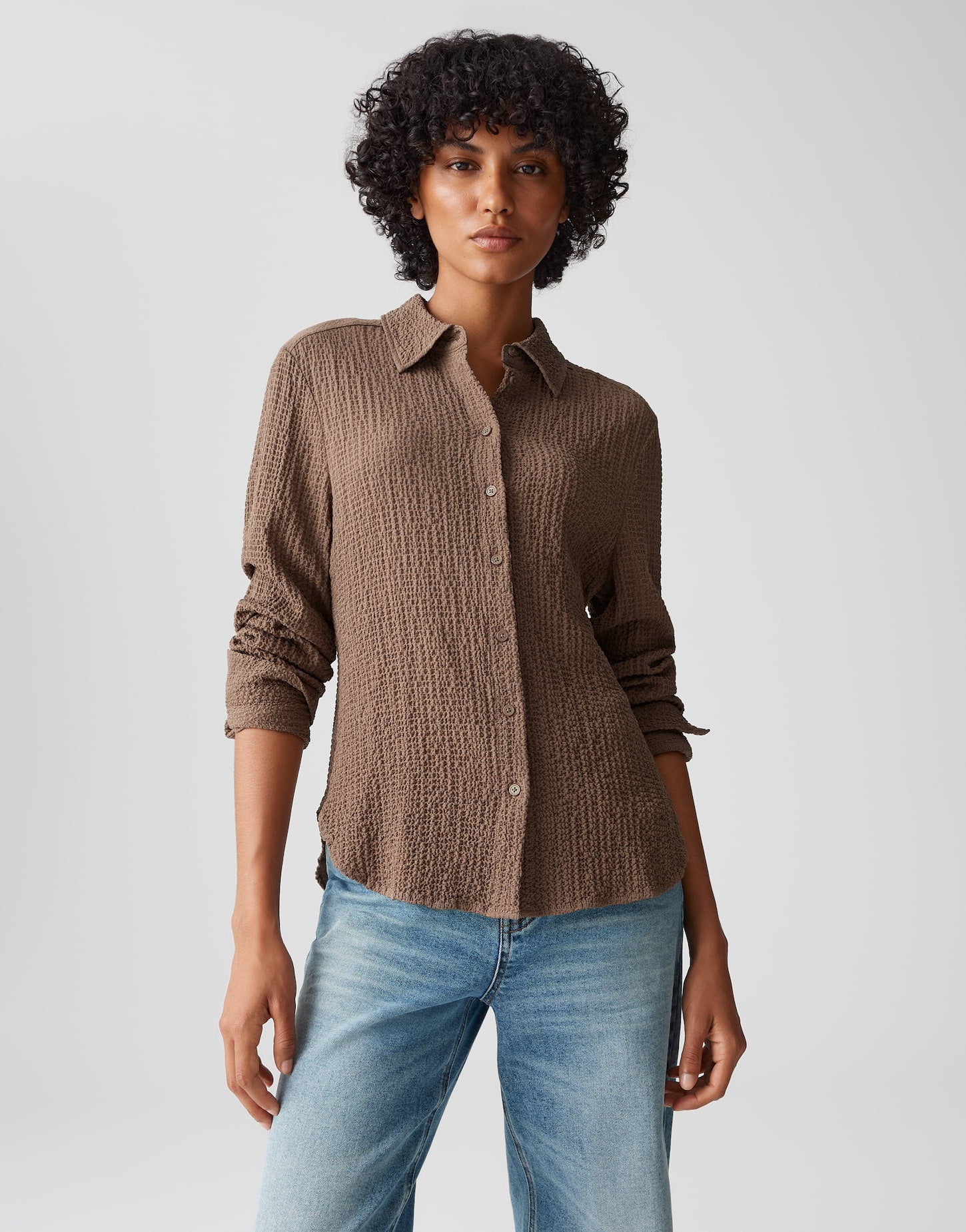 OPUS Slim Langarmbluse mit Seersucker Struktur Frive