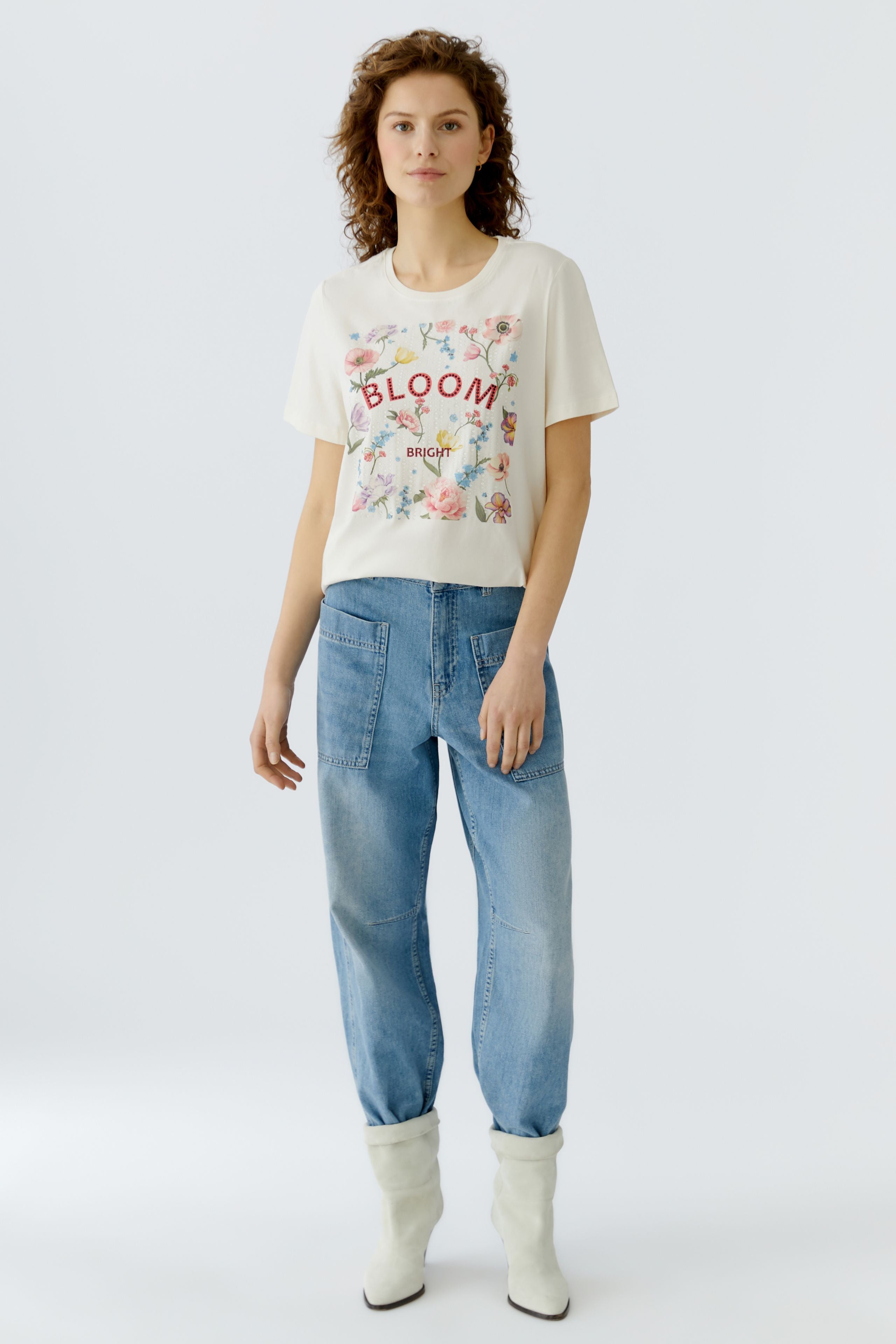 OUI T-Shirt mit tonigen Steinchen verziert