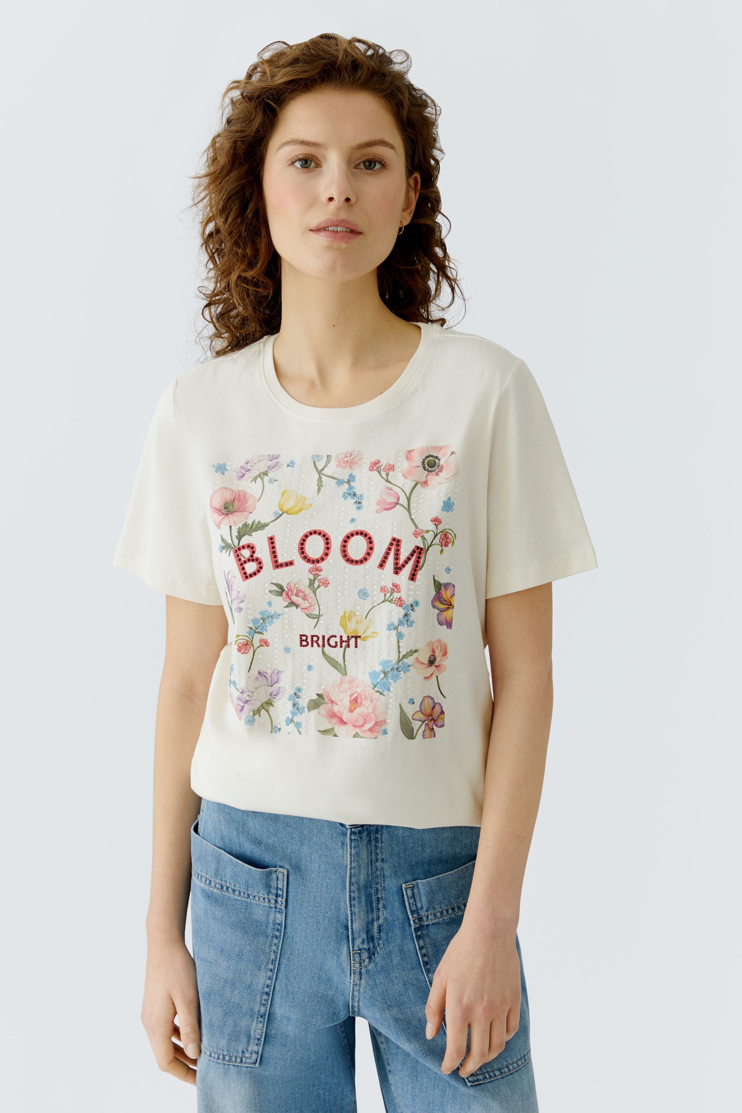 OUI T-Shirt mit tonigen Steinchen verziert
