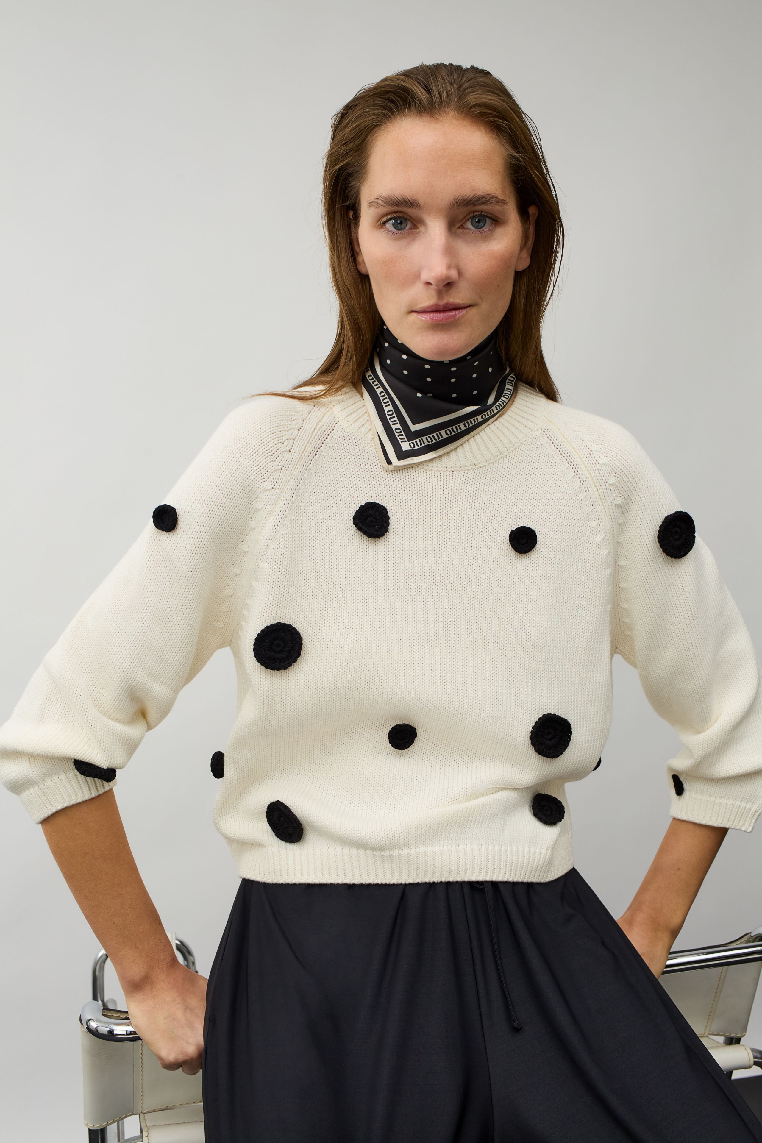 OUI Baumwollpullover mit gehäkelten aufgenähten Tupfen