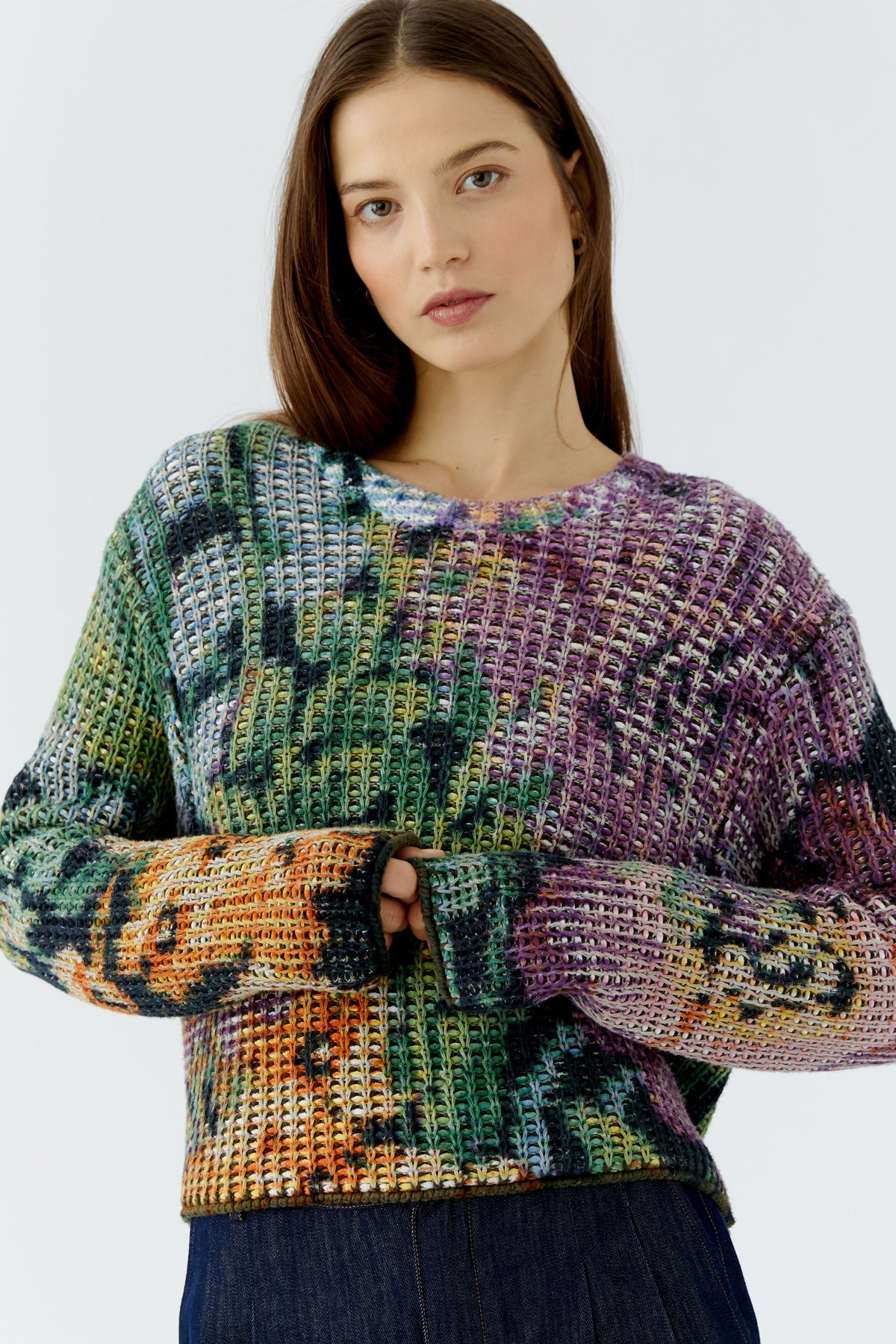 OUI Pullover in grober Netzoptik mit Gobelin Motiv bedruckt