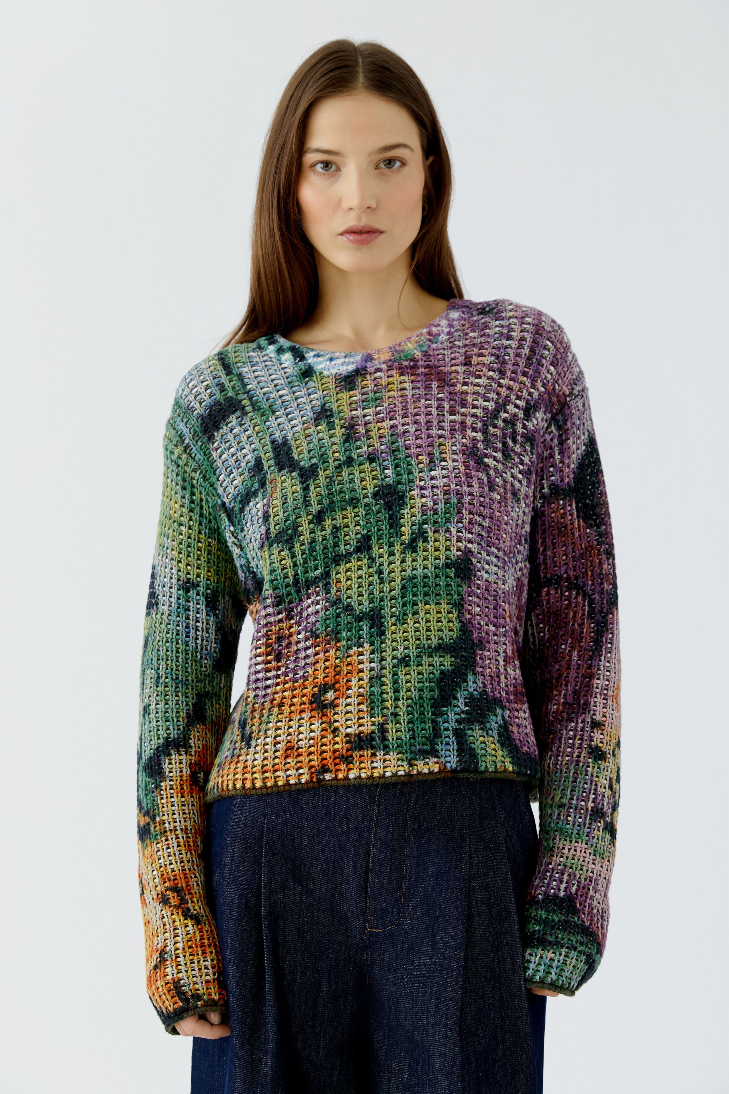 OUI Pullover in grober Netzoptik mit Gobelin Motiv bedruckt