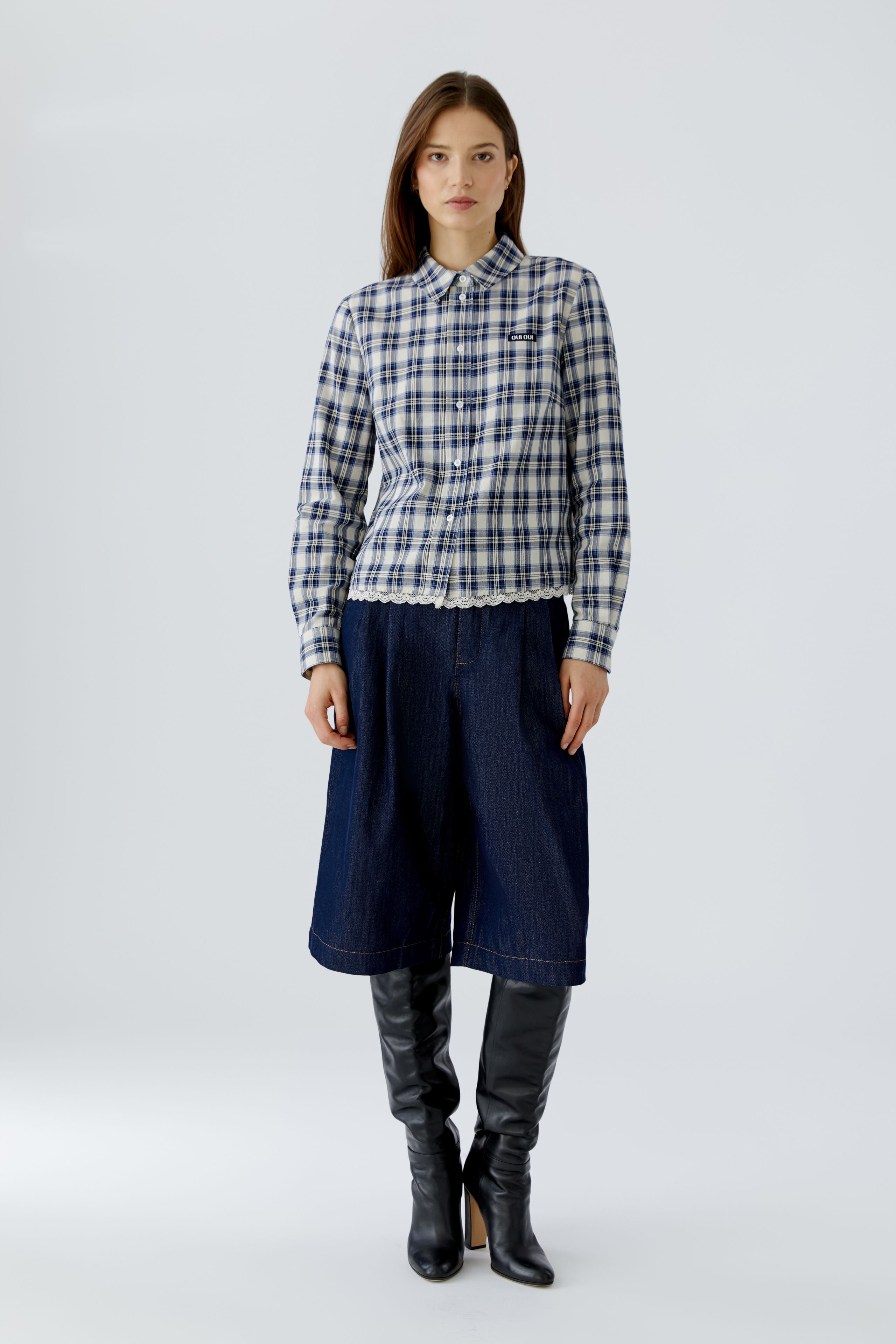 OUI Hemdbluse mit Karomuster mit unterlegter Spitze