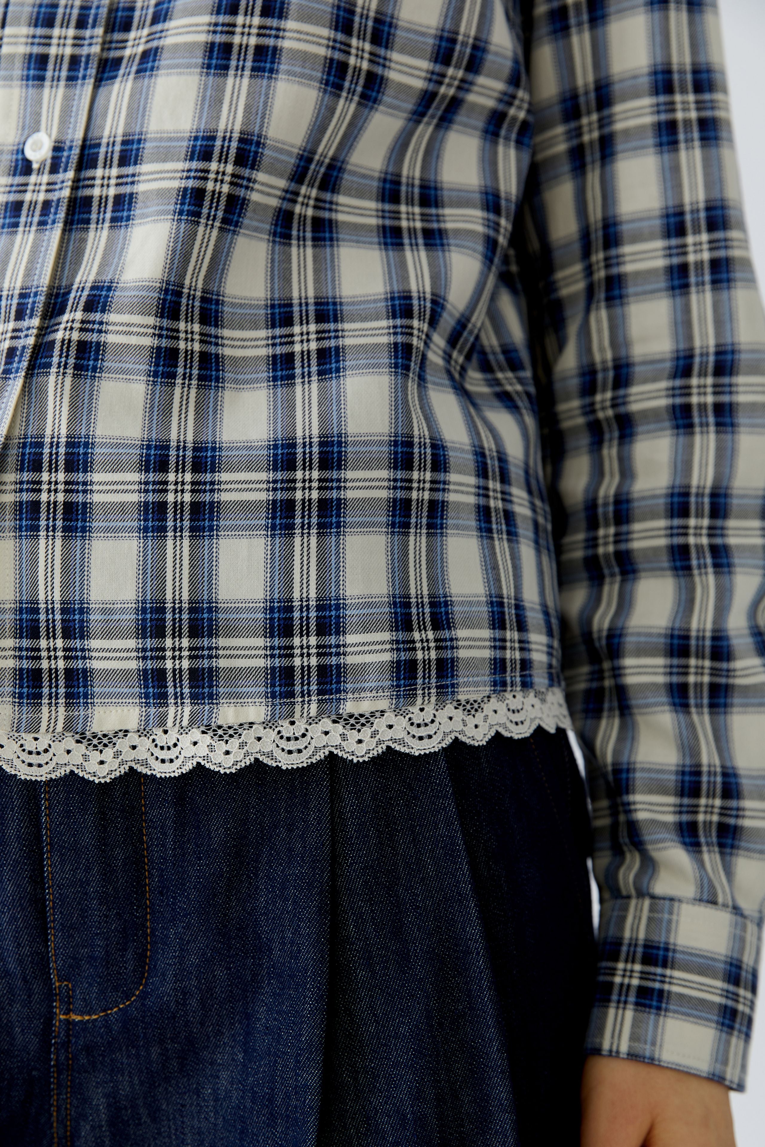 OUI Hemdbluse mit Karomuster mit unterlegter Spitze