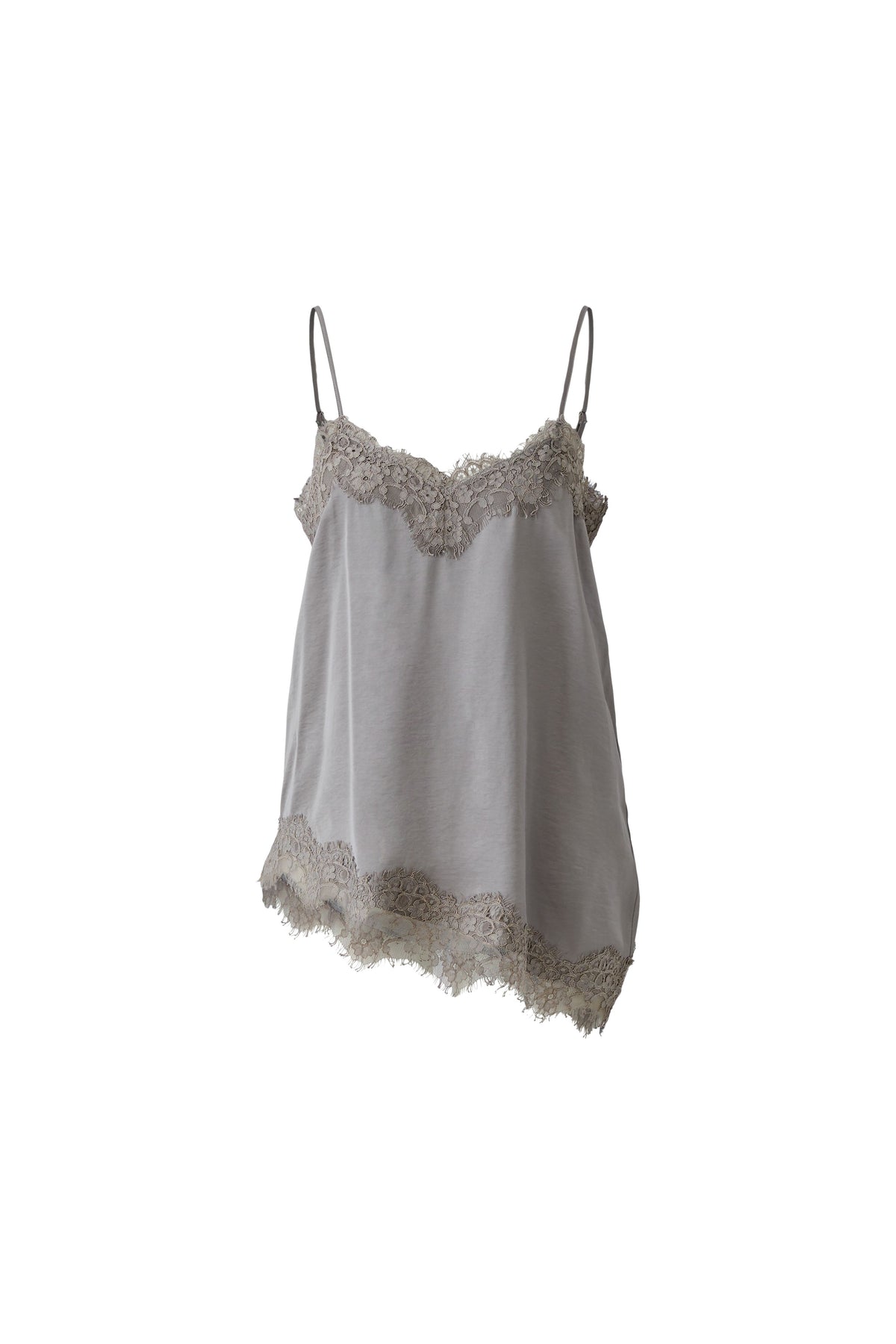 Satintop mit Spitzenbesatz und asymmetrischem Saum