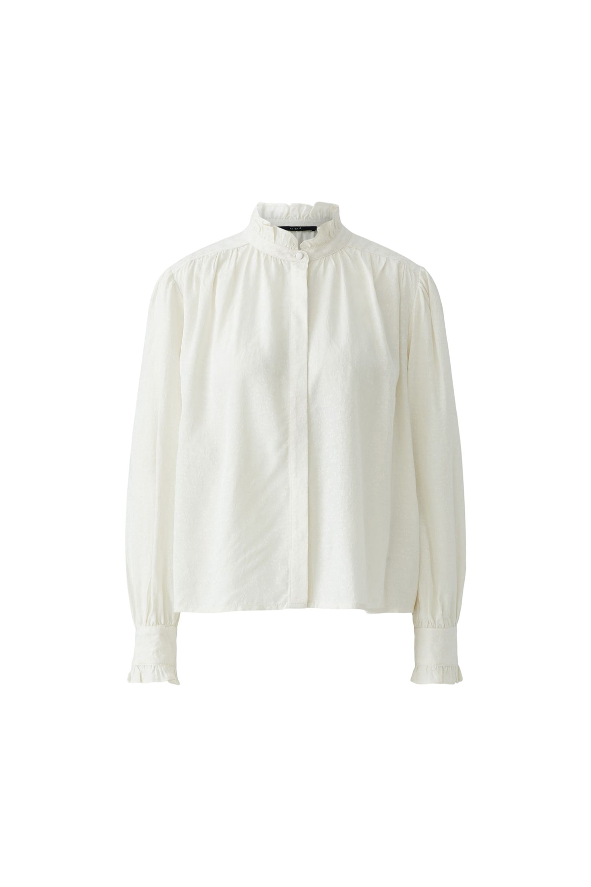 Bluse mit Rüschen am Stehkragen und Manschette im Blütenjacquard