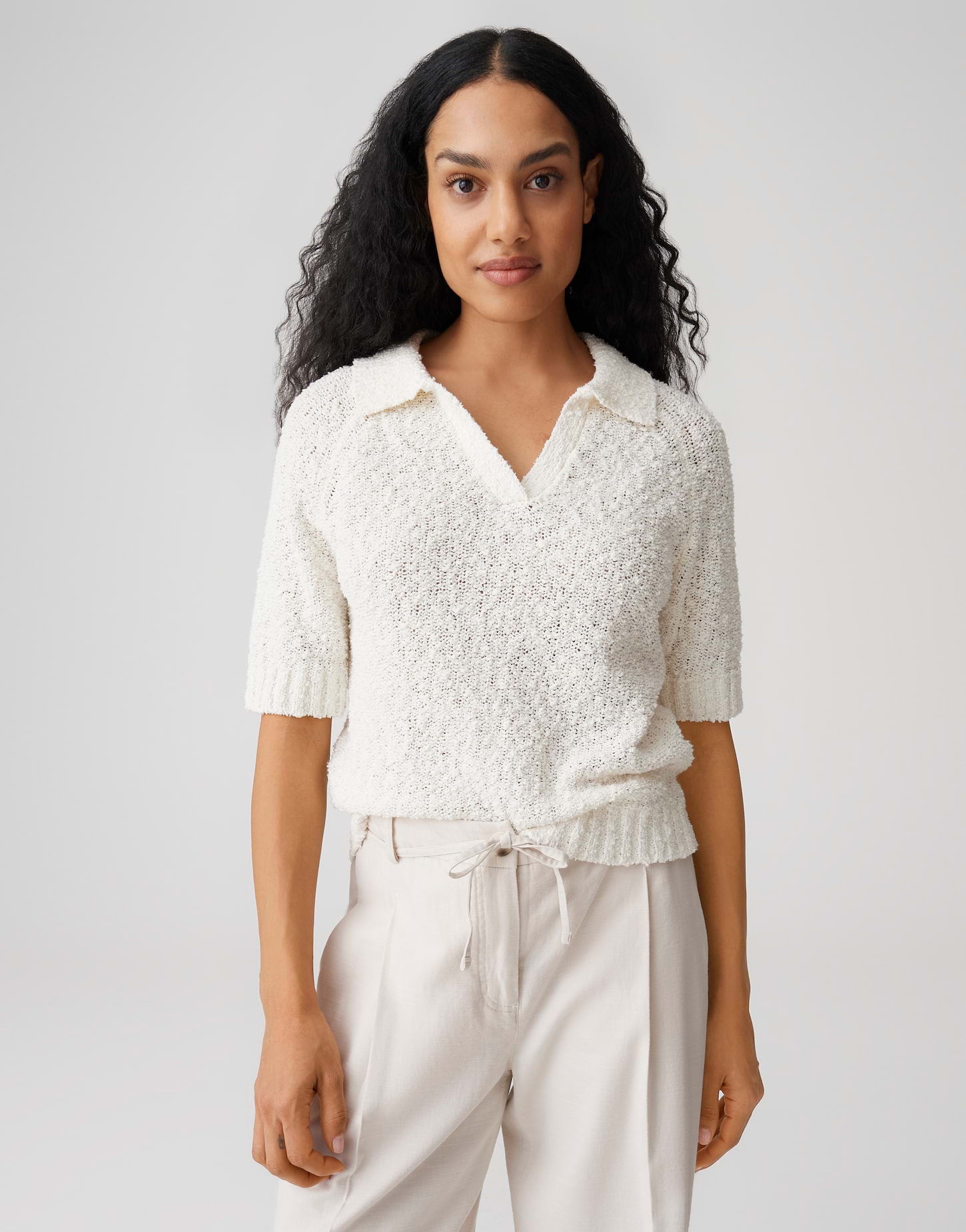 OPUS Kurzarmstricker aus Bouclégarn Slim Fit Posilly