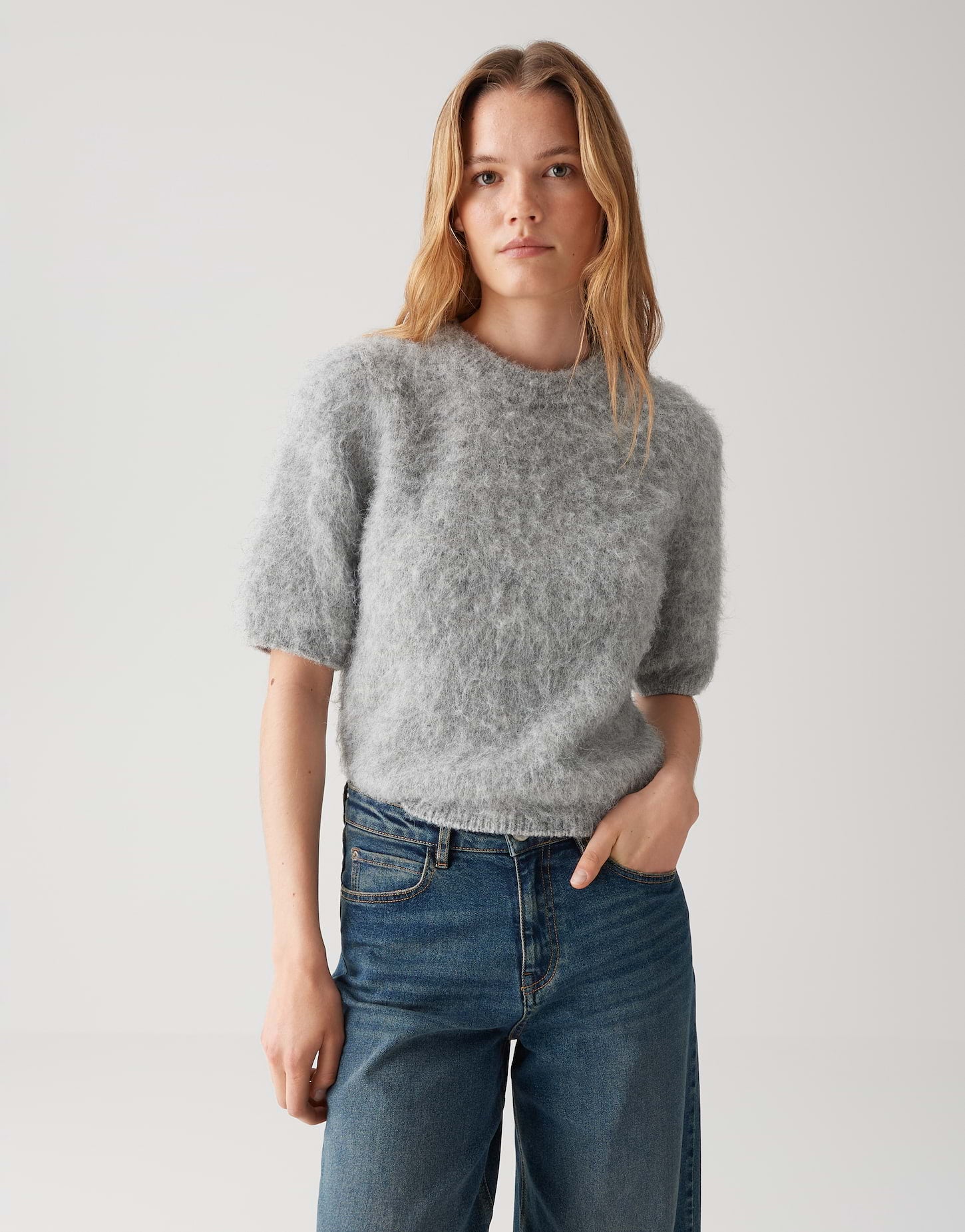 OPUS Kurzarmpullover mit Wollanteil Plaush