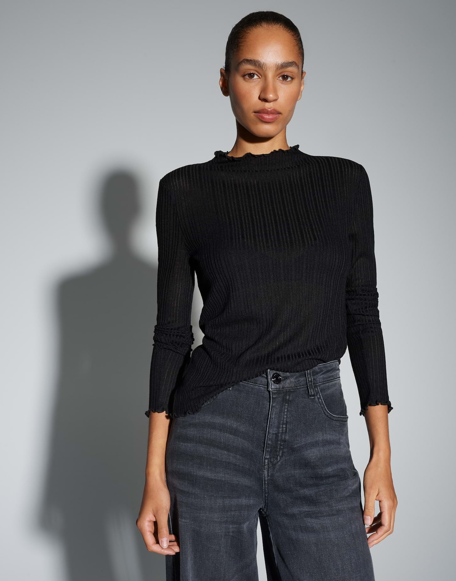 OPUS Slim semitransparentes Longsleeve mit Rippstruktur Sivi