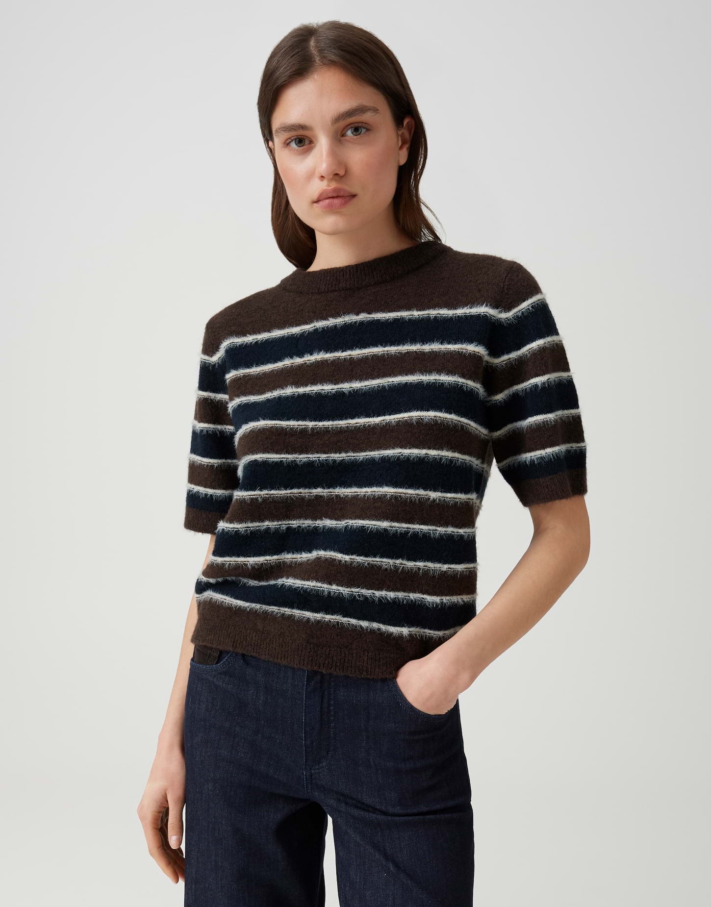 OPUS Kurzarmpullover mit Effektgarn Regular Fit Pimota stripe