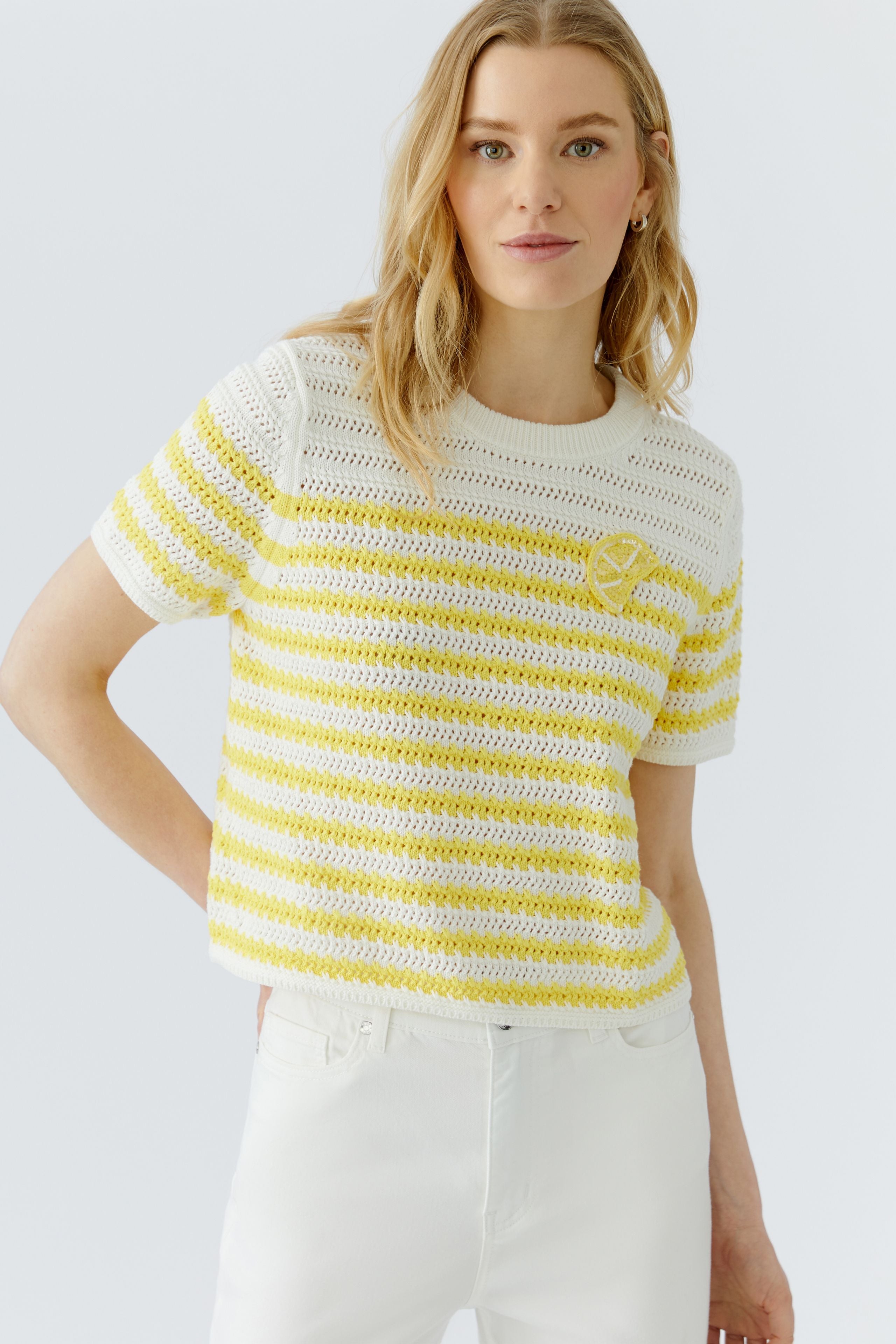OUI Halbarm Pullover mit gestrickter Zitronenscheibe