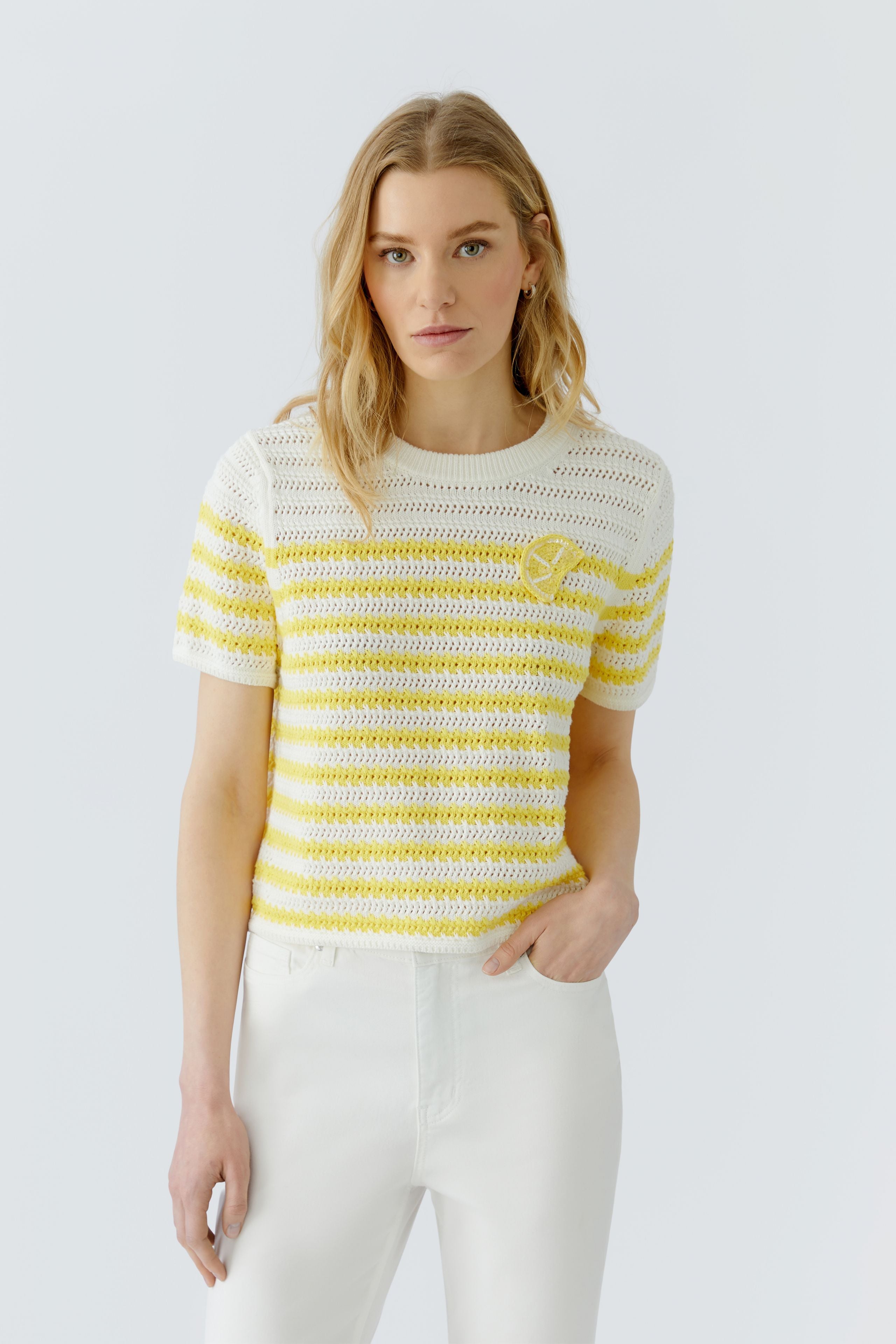 OUI Halbarm Pullover mit gestrickter Zitronenscheibe