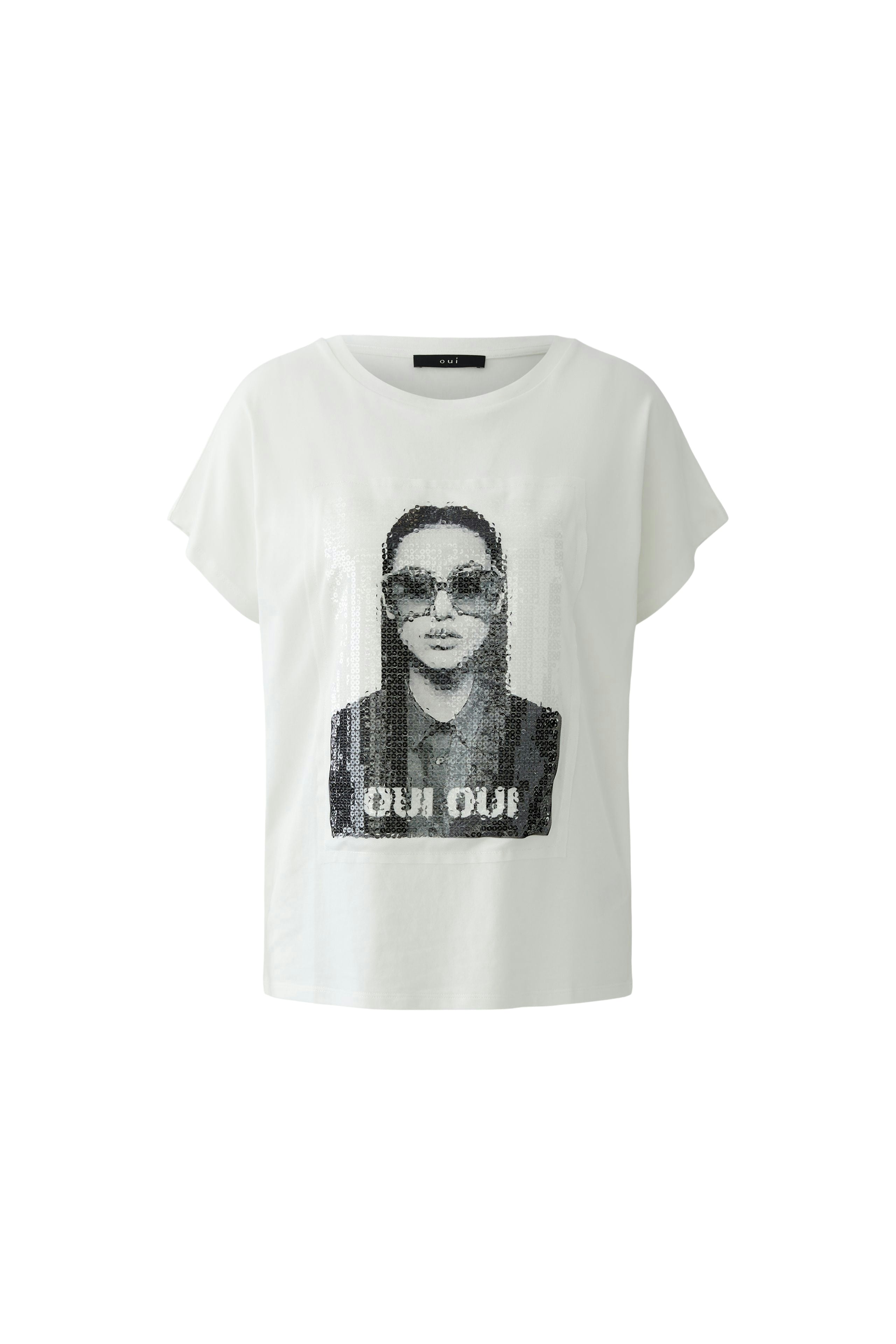 OUI T-Shirt mit Netzpatch mit Pailletten