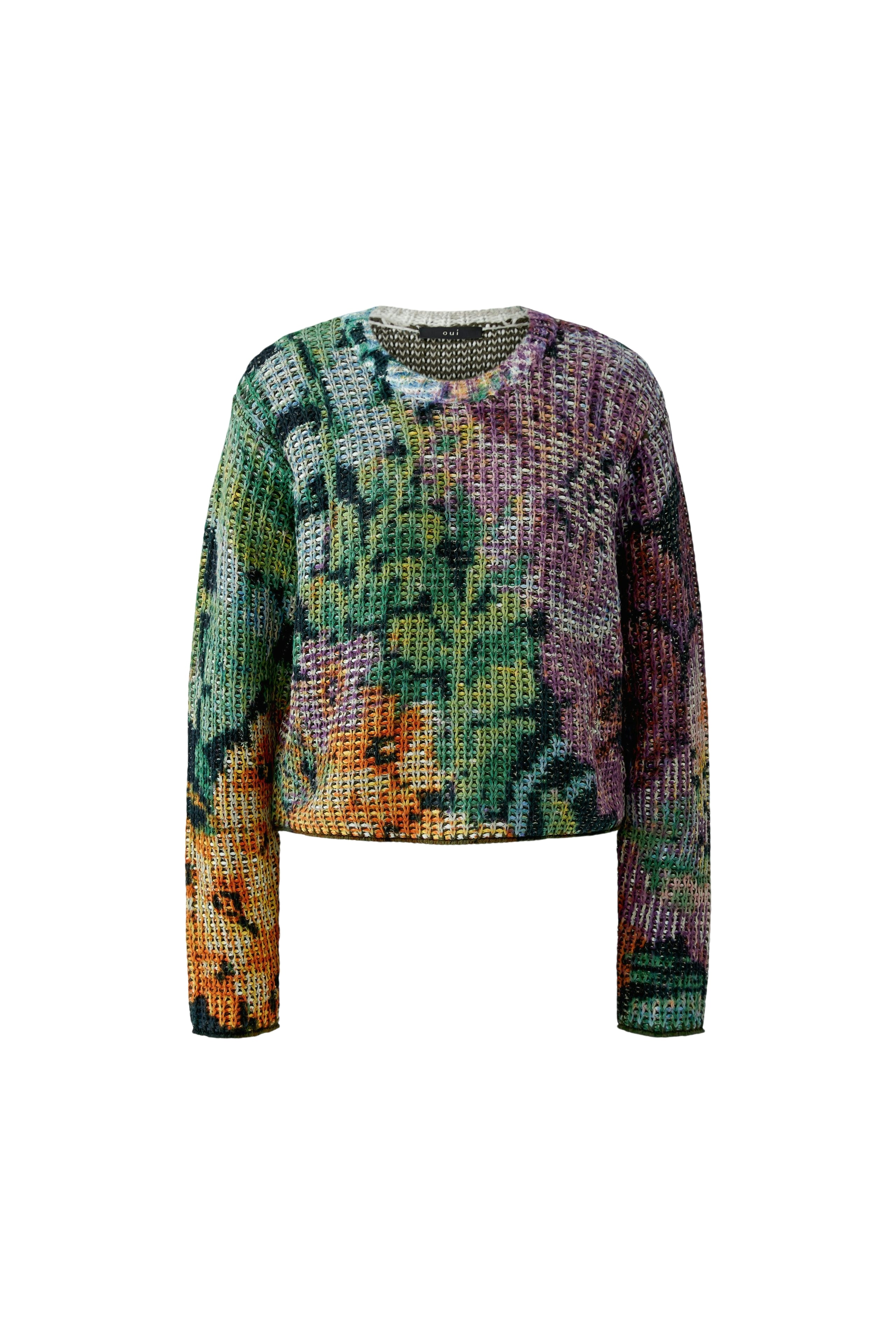 OUI Pullover in grober Netzoptik mit Gobelin Motiv bedruckt