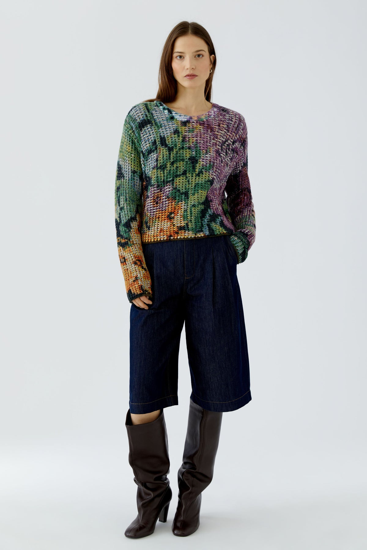 OUI Pullover in grober Netzoptik mit Gobelin Motiv bedruckt