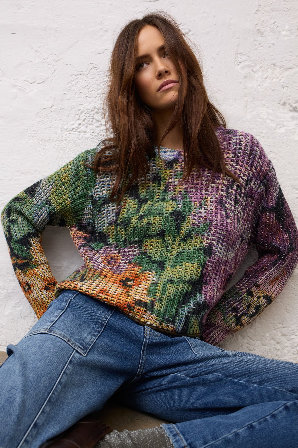 OUI Pullover in grober Netzoptik mit Gobelin Motiv bedruckt