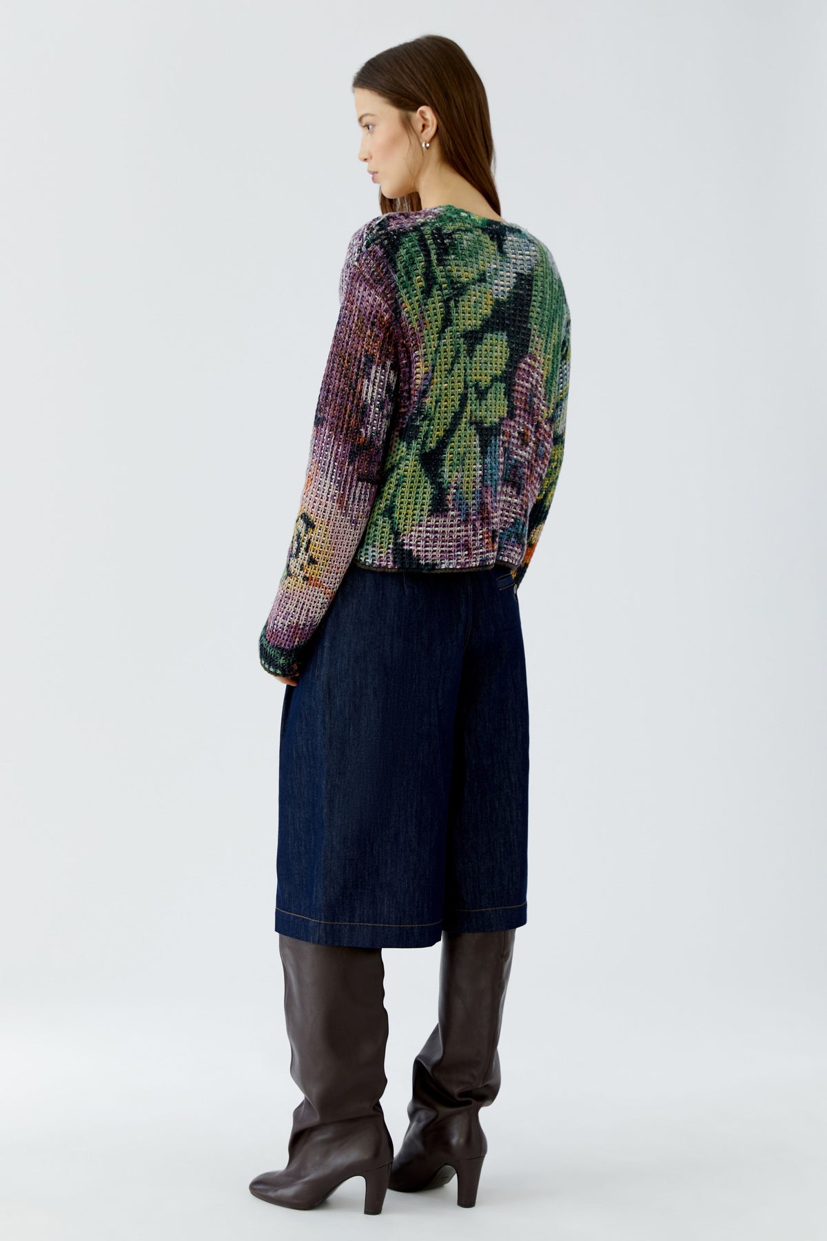 OUI Pullover in grober Netzoptik mit Gobelin Motiv bedruckt