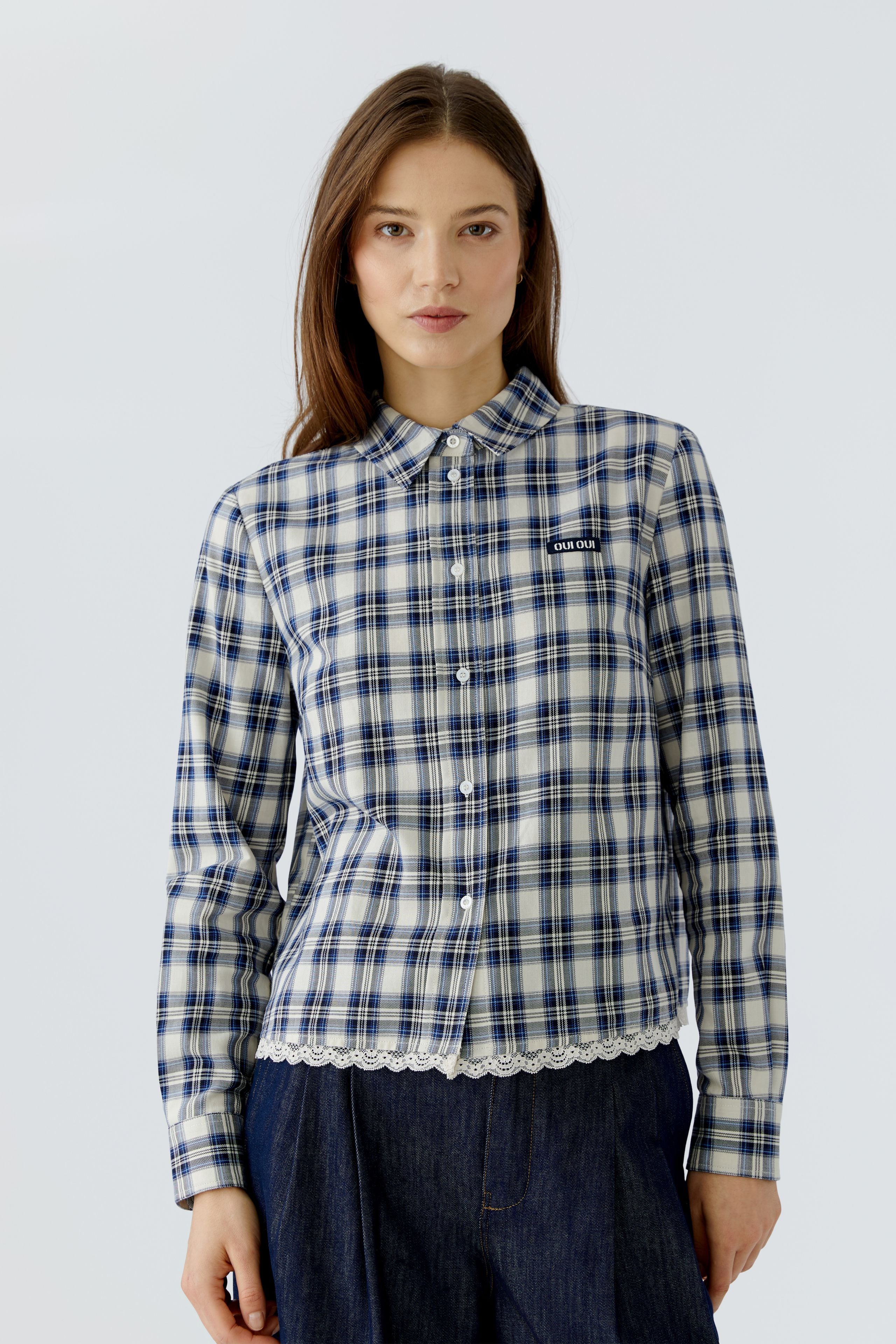 OUI Hemdbluse mit Karomuster mit unterlegter Spitze