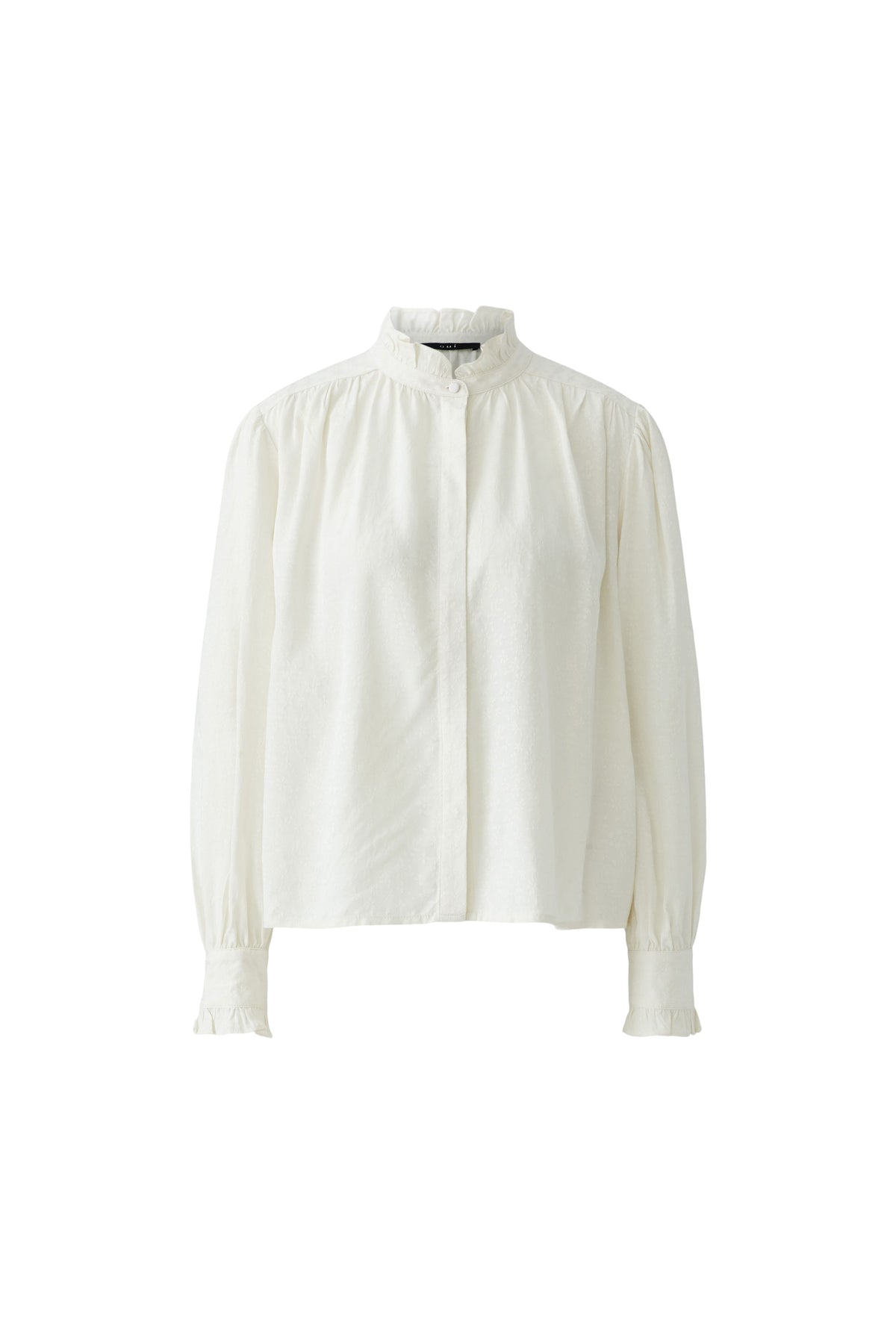 Bluse mit Rüschen am Stehkragen und Manschette im Blütenjacquard