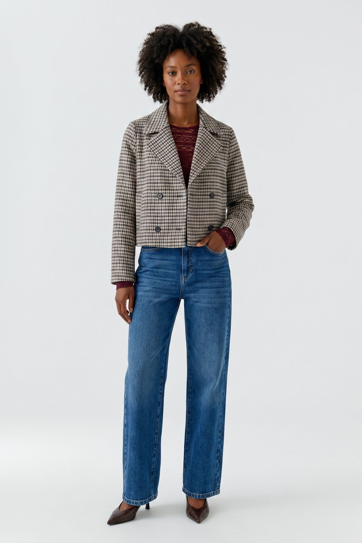 Jersey-Doppelreiherjacke mit Pepita Jacquard