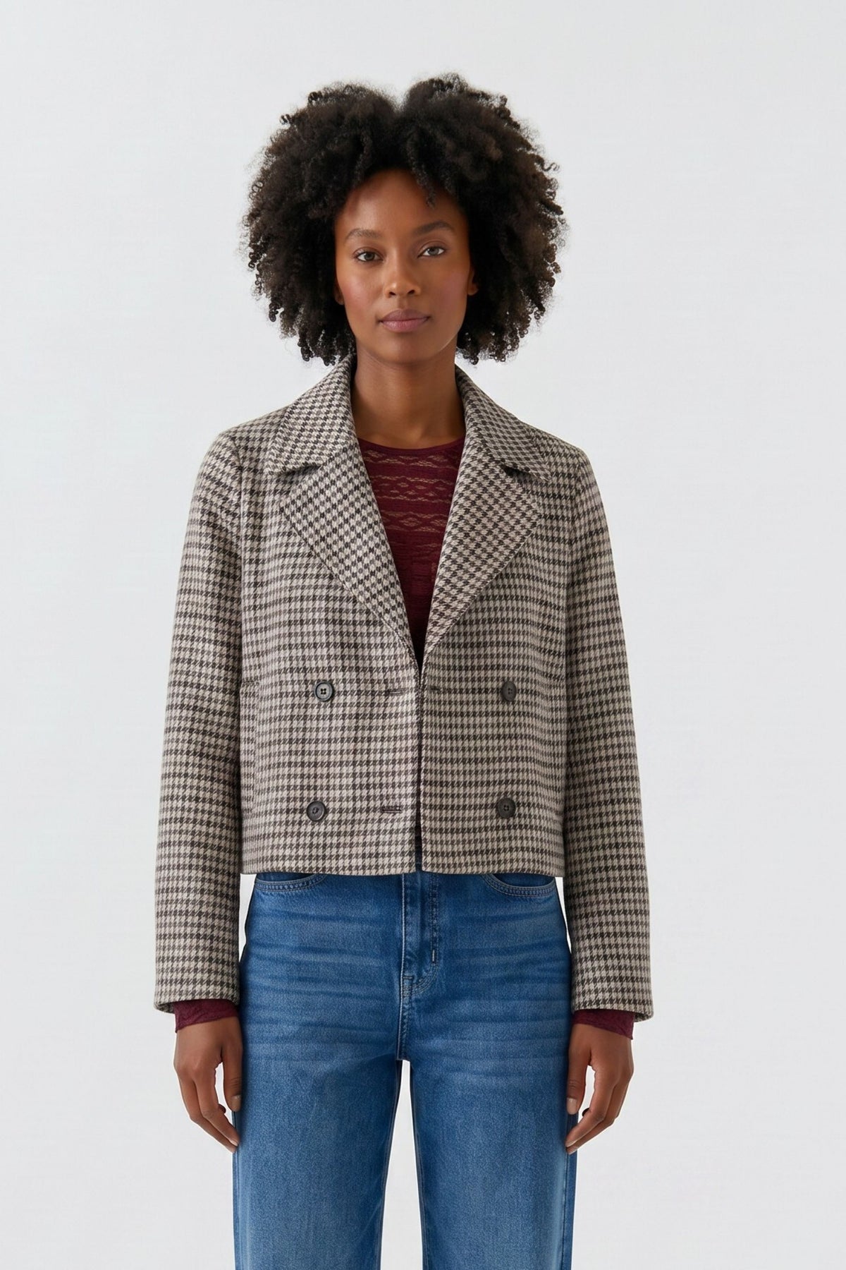 Jersey-Doppelreiherjacke mit Pepita Jacquard